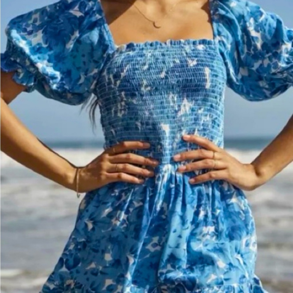 Blue and white floral romper